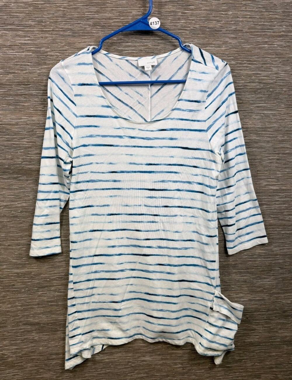 Pure Jill Shirt Womens Size S White Blue Striped Cotton Modal Blend 3/4 Sleeve